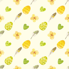 Spring seamless pattern. Template with Easter eggs, flowers and feathers. Watercolor clipart on yellow background