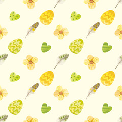 Spring seamless pattern. Template with Easter eggs, flowers and feathers. Watercolor clipart on yellow background