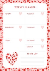 Week timetable and habit tracker red flowers and hearts flat vector template. Calendar design with wildflowers blossoms and petals on white background. Personal tasks organizer blank page for planner