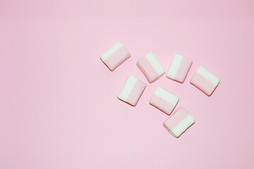 Valentine tender minimal flat lay.Marshmallow on pink background.Valentine,Mother day,Women day card,copy space.Kid food