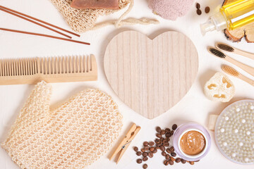 wooden heart and eco friendly hygiene products mock up top view