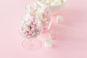 marshmallow heart shape and mini with love concept on pink background