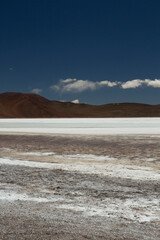 Fototapeta na wymiar The white desert. Natural salt flats in the cordillera. View of the white salt field and brown mountains under a deep blue sky.