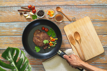 concept cooked steak on dark background top view