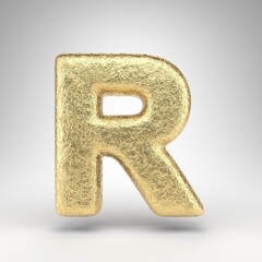 Letter R uppercase on white background. Creased golden foil 3D letter with gloss metal texture.