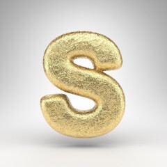 Letter S uppercase on white background. Creased golden foil 3D letter with gloss metal texture.