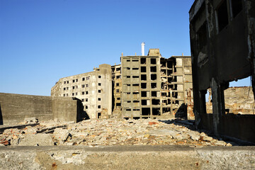 Abandoned Industrial houses and buildings of Gunkanjima or Battleship island, Ghost Island in...