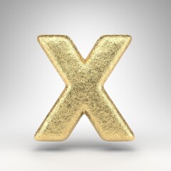 Letter X uppercase on white background. Creased golden foil 3D letter with gloss metal texture.