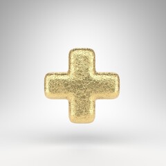 Plus symbol on white background. Creased golden foil 3D sign with gloss metal texture.