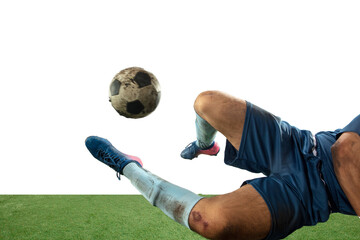 In fall. Close up legs of professional soccer, football player fighting for ball on field isolated...