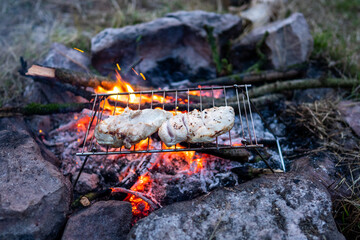 Fire camp in wilderness - Chicken cooking