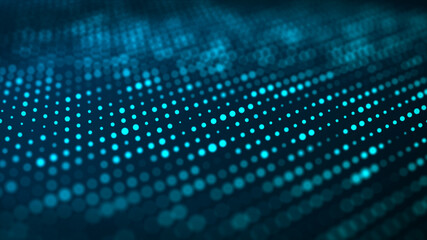Abstract wave with moving dots. Flow of particles. Cyber technology illustration. 3d rendering
