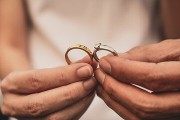 Close up hand holding wedding ring concept Couple love in Valentine