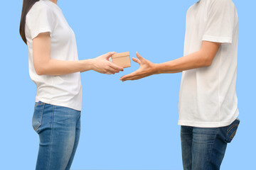 People giving giftbox on background copy spec