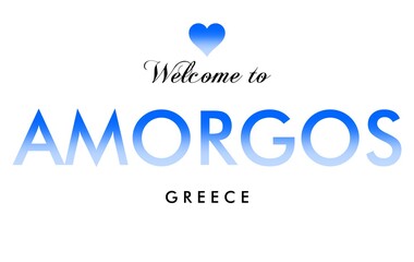Welcome to Amorgos Greece card and letter design in blue color gradient, white background.