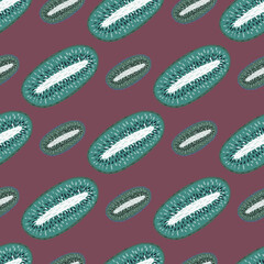 Seamless vitamin creative pattern with turquoise colored kiwi shapes. Purple background.