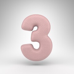 Number 3 on white background. Pink leather 3D number with skin texture.