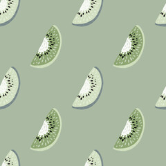 Kiwi slices seamless doodle pattern. Simple design fruit artwork in pale green and bleu tones.