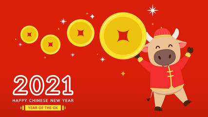 Chinese Happy new year 2021. Happy new year. Year of the Ox. Ox cartoon vector. Ox character design.