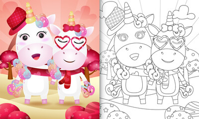 Obraz na płótnie Canvas coloring book for kids with Cute valentine's day unicorn couple illustrated