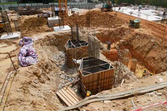 KUALA LUMPUR, MALAYSIA -SEPTEMBER 16, 2020: Building pile cap at the construction site. It was part of the building foundation design. Designed by the structural engineers. 
