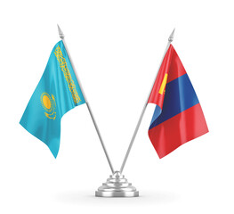 Mongolia and Kazakhstan table flags isolated on white 3D rendering