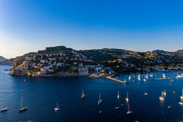 Fototapeta na wymiar Aerial view, Andratx, Port d'Andratx, coast and natural harbor at dusk, Malloca, Balearic Islands, Spain