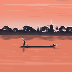 A guy in a boat is floating on the river at sunrise.