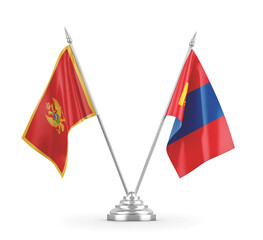 Mongolia and Montenegro table flags isolated on white 3D rendering