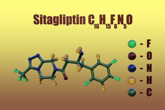 Structural chemical formula and molecular model of sitagliptin, an anti-diabetic drug used to treat high blood sugar levels caused by type 2 diabetes. 3d illustration