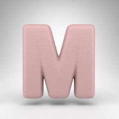 Letter M uppercase on white background. Pink leather 3D letter with skin texture.
