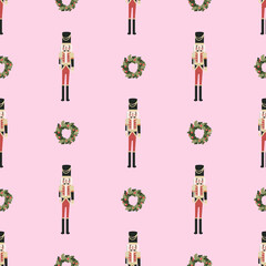 vector seamless pattern with nutcracker and new year wreath