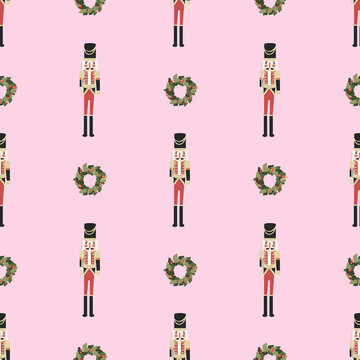 vector seamless pattern with nutcracker and new year wreath
