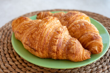 French puff pastry croissants from bakery close up
