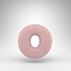 Letter O lowercase on white background. Pink leather 3D letter with skin texture.