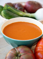 Spanish summer vegetables cold gazpacho blended soup made from tomatoes, cucumbers, onion, raw healthy vegan food