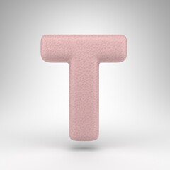 Letter T uppercase on white background. Pink leather 3D letter with skin texture.