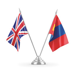 Mongolia and United Kingdom table flags isolated on white 3D rendering