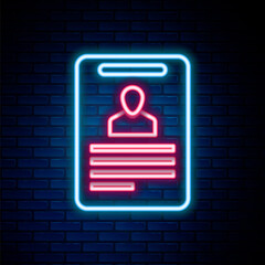 Glowing neon line Identification badge icon isolated on brick wall background. It can be used for presentation, identity of the company, advertising. Colorful outline concept. Vector.