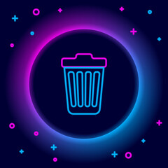 Glowing neon line Trash can icon isolated on black background. Garbage bin sign. Colorful outline concept. Vector.