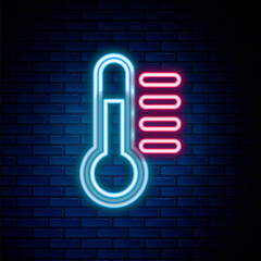 Glowing neon line Thermometer icon isolated on brick wall background. Colorful outline concept. Vector.