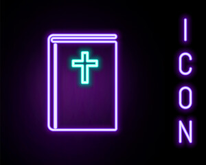 Obraz premium Glowing neon line Holy bible book icon isolated on black background. Colorful outline concept. Vector.