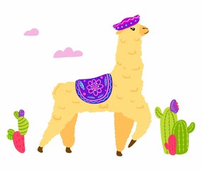 Cute Lamas with mountains and cactus in vector.