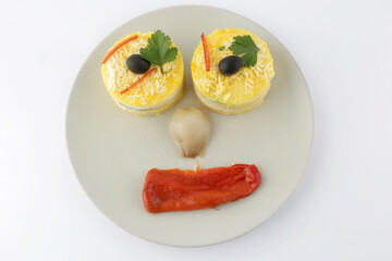 peruvian typical food called causa with mashed potatoes ans avocado