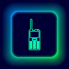 Glowing neon line Walkie talkie icon isolated on black background. Portable radio transmitter icon. Radio transceiver sign. Colorful outline concept. Vector.