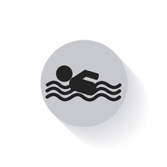 Silhouette of a man in the water. Water sports. Sports swimming. Vector illustration of a sports sign. Button, emblem, sports badge. Doodle style. Black and white, gray on a white background