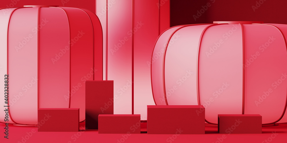 Poster minimal abstract product background for chinese new year concept. red lantern and podium on red back