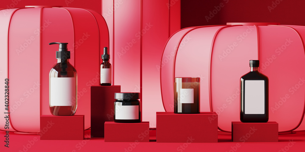 Poster minimal abstract product background for chinese new year concept. cosmetic bottle and red lantern on