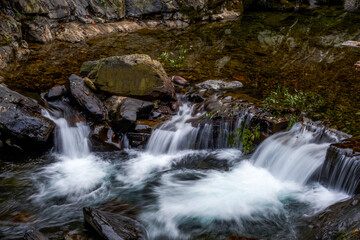 Close-up of the slow water flow of a mountain stream