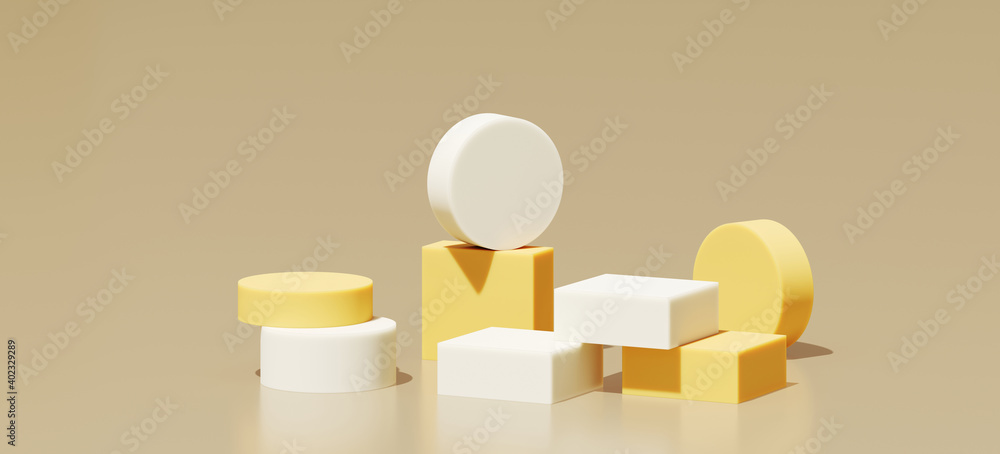 Poster minimal abstract mockup background for product presentation. white and yellow step podium on beige b